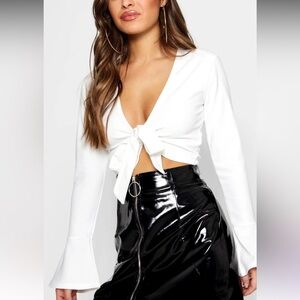 Boohoo White Tie-Front Crop Top
